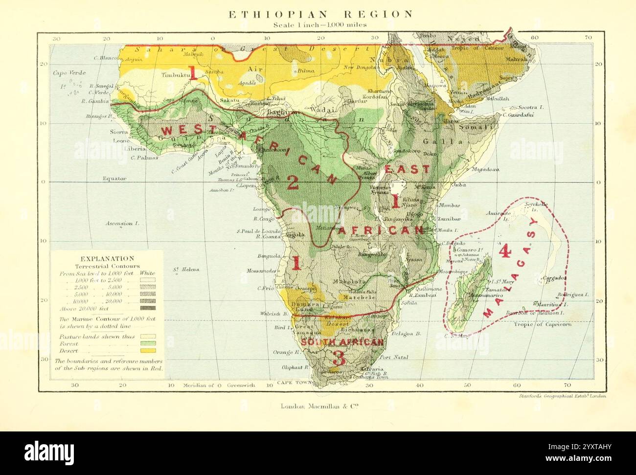 La geografia, la distribuzione degli animali, 1876, mappa, paleontologia, geografia, zoogeografia, questa mappa rappresenta la regione etiope, delineando varie divisioni geografiche e politiche. Le sezioni numerate, etichettate con colori distinti, indicano aree diverse, con annotazioni che evidenziano caratteristiche relative all'elevazione, all'uso del suolo e, eventualmente, agli aspetti culturali. La mappa include una chiave che fornisce ulteriori informazioni sulla classificazione di queste regioni. Sono raffigurate aree costiere, regioni montuose e pianure, lungo confini che possono delineare territori storici o admi Foto Stock