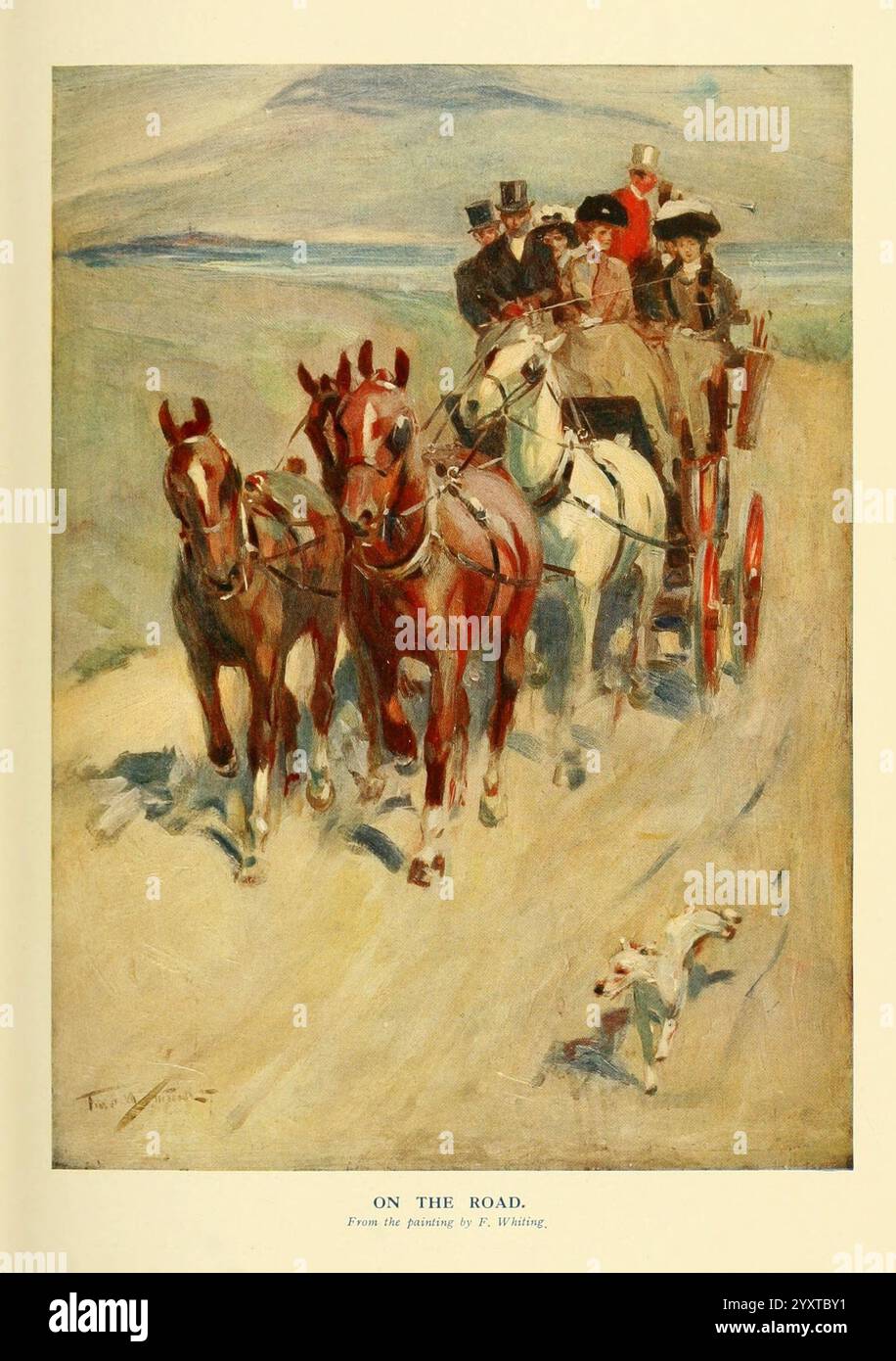 Il nuovo libro del cavallo, Londra, Cassell and Co, 1911. Cavalli, equitazione, sport ippici, Una scena vivace che raffigura una carrozza trainata da quattro cavalli che percorre una strada polverosa. La carrozza è occupata da diversi passeggeri elegantemente vestiti, tra cui una donna con un abito e un cappello rosso brillante, che attira l'attenzione con il suo colore vivace sullo sfondo terroso. Il gruppo appare gioioso e socievole, coinvolgendosi l'uno con l'altro durante il viaggio attraverso un paesaggio panoramico. Un piccolo trotto di cane accanto alla carrozza, aggiunge un tocco di giocosità all'atmosfera. Lo sfondo presenta un delicato Foto Stock