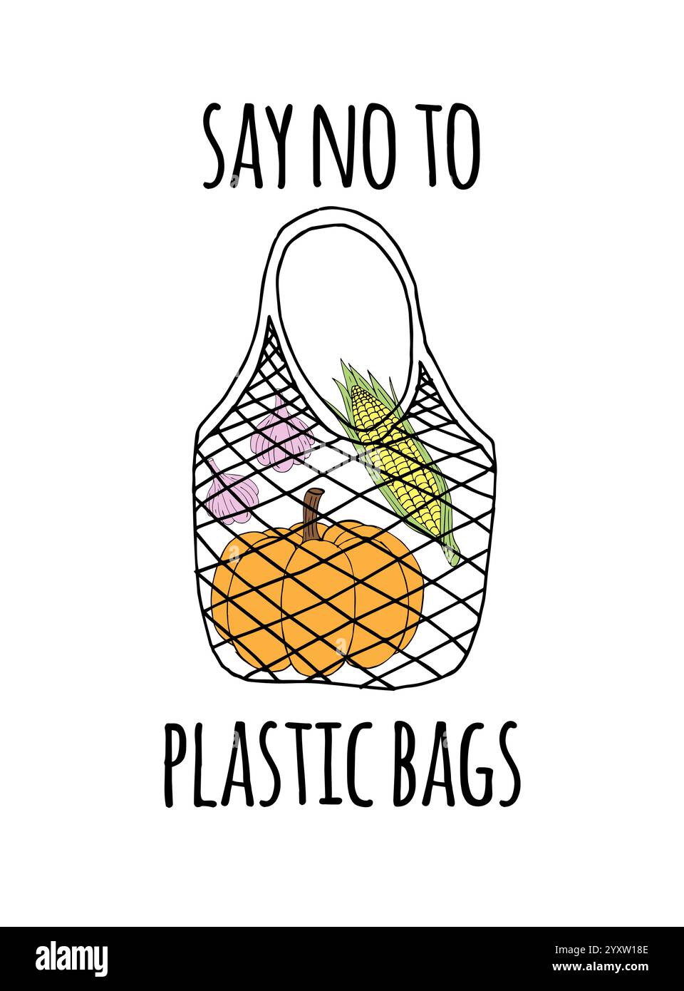 Il doodle disegnato a mano vettoriale disegna il sacchetto eco con verdure e dice di no alla scritta del sacchetto di plastica isolata su sfondo bianco Illustrazione Vettoriale