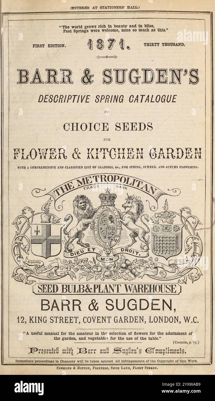 Catalogo dei semi primaverili di Barr & Sugden e guida ai fiori e all'orto, Londra, Barr & Sugden, 1861-1882, Inghilterra, Londra, semi, cataloghi, stock vivaistico, vivai, orticoltura, industria e commercio dei semi, Barr Sugden, storie di giardini, in fiore, il materiale promozionale dettagliato riporta il titolo ''Catalogo primaverile descrittivo di semi scelti di Barr & Sugden per i fiori e i giardini della cucina', in primo piano. Indica che questa è la prima edizione del 1874, suggerendo un'enfasi sul significato storico del contenuto. Sotto il titolo, menziona l'importa Foto Stock