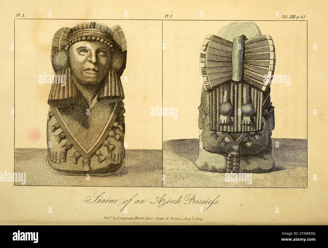Ricerche riguardanti le istituzioni e i monumenti degli antichi abitanti d'America, Londra, pubblicate da Longman, Hurst, Rees, orme & Brown, J. Murray & H. Colburn, 1814, Perù, Messico, Ande, antiquities, Indiani del Sud America, descrizione e viaggio, Indiani del Messico, la raffigurazione mostra una statua che rappresenta un sacerdote azteco, evidenziata da due angolazioni distinte. La figura è adornata con copricapi elaborati e intricate caratteristiche facciali, che riflettono l'arte e il significato culturale della civiltà azteca. I dettagli nell'abbigliamento suggeriscono un ruolo cerimoniale, mentre il cr Foto Stock