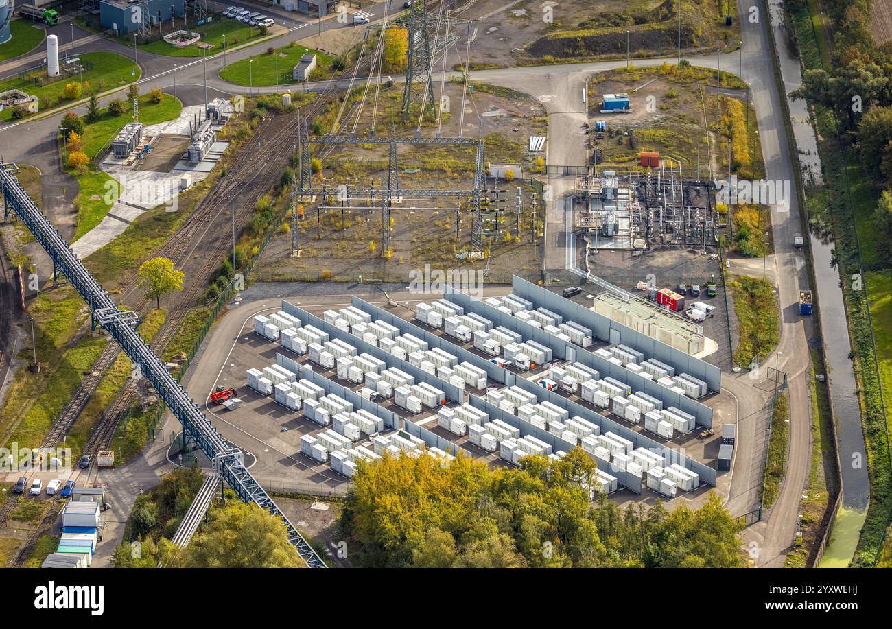 Vista aerea, RWE Kraftwerk Westfalen, e-Werk, parcheggio per batterie, Uentrop, Hamm, regione della Ruhr, Renania settentrionale-Vestfalia, Germania Foto Stock