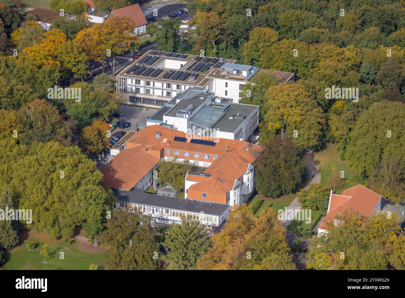 Vista aerea, MVZ Prof. Dr. Uhlenbrock und Partner - sito Hamm Kurpark, clinica di terapia manuale, alberi autunnali, Uentrop, Hamm, zona della Ruhr, Renania settentrionale-We Foto Stock