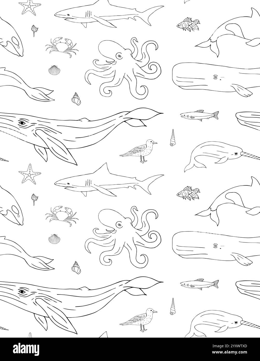 Schema vettoriale senza cuciture di doodle disegnati a mano disegnano animali marini e pesci isolati su sfondo bianco Illustrazione Vettoriale
