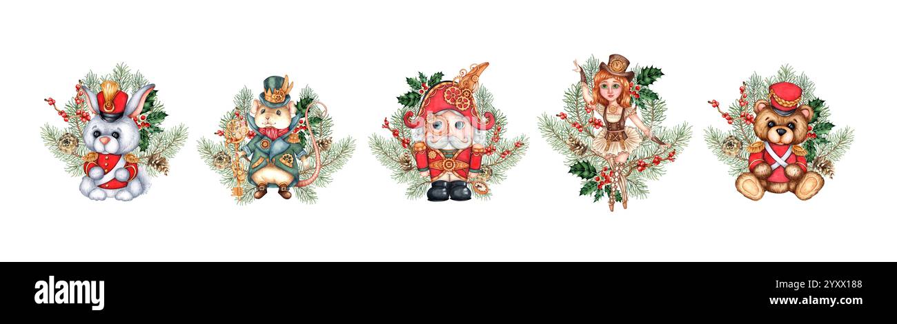 Schiaccianoci, Re topo, ballerina, orsacchiotto, coniglietto in rami di abete, agnello, bacca, cono di pino, illustrazione acquerello. Topo, soldato e principessa i Foto Stock