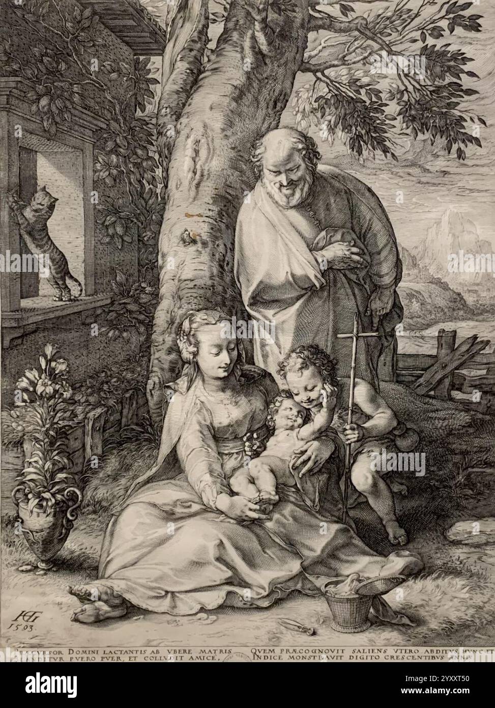 Die Heilige Familie mit dem Johannesknaben, Hendrick Goltzius. Foto Stock