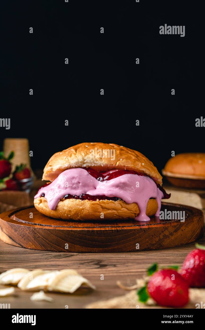 hamburger con gelato alle fragole. Sandwich con gelato su sfondo in legno. Foto Stock