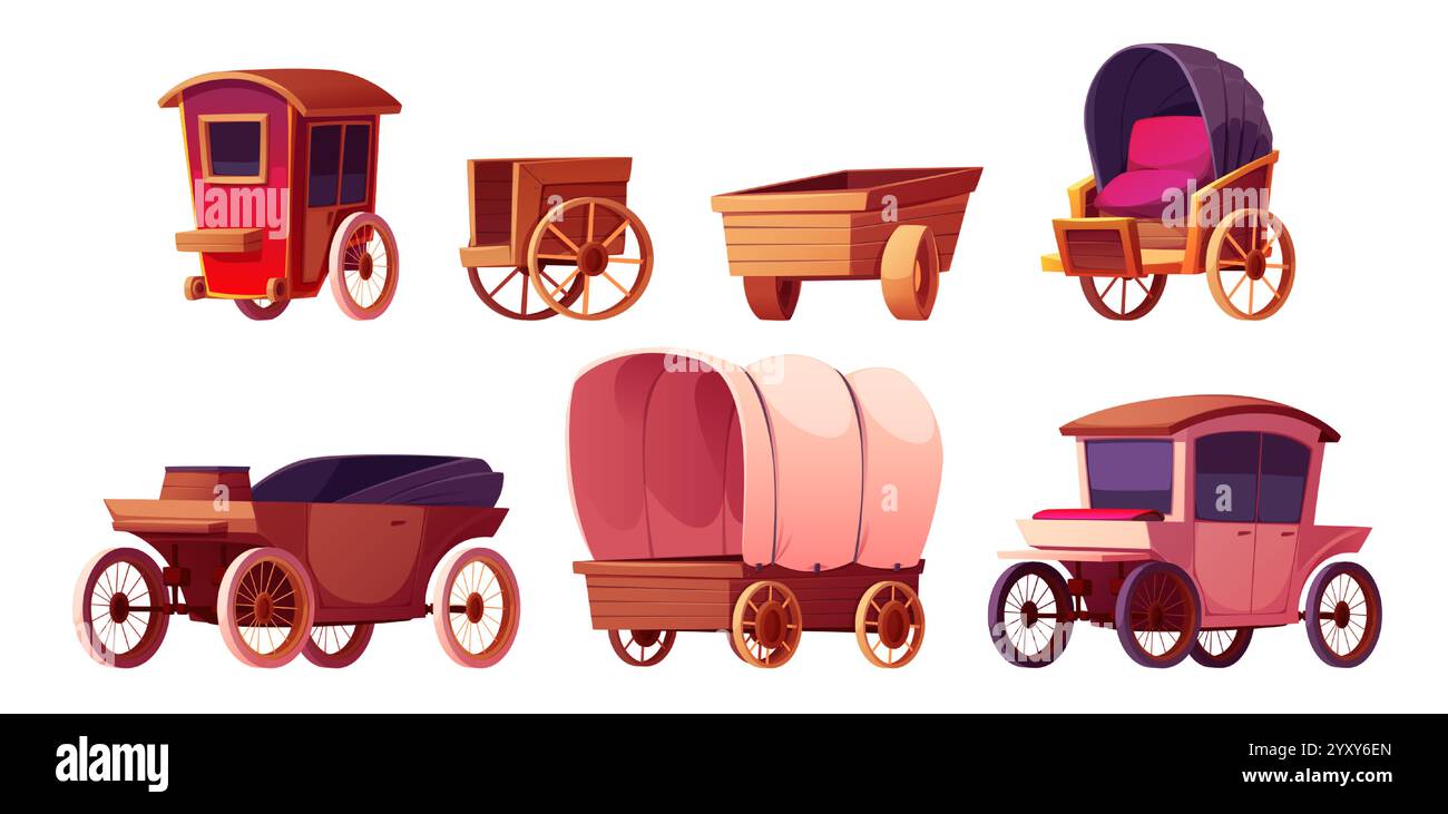 Raccolta di carrozze trainate da cavalli e carretti. Veicoli di trasporto in legno d'epoca - vagoni, carrozze, carrozze coperte e carrozze passeggeri retrò. Servizio di trasporto storico in stile occidentale o medievale. Illustrazione Vettoriale