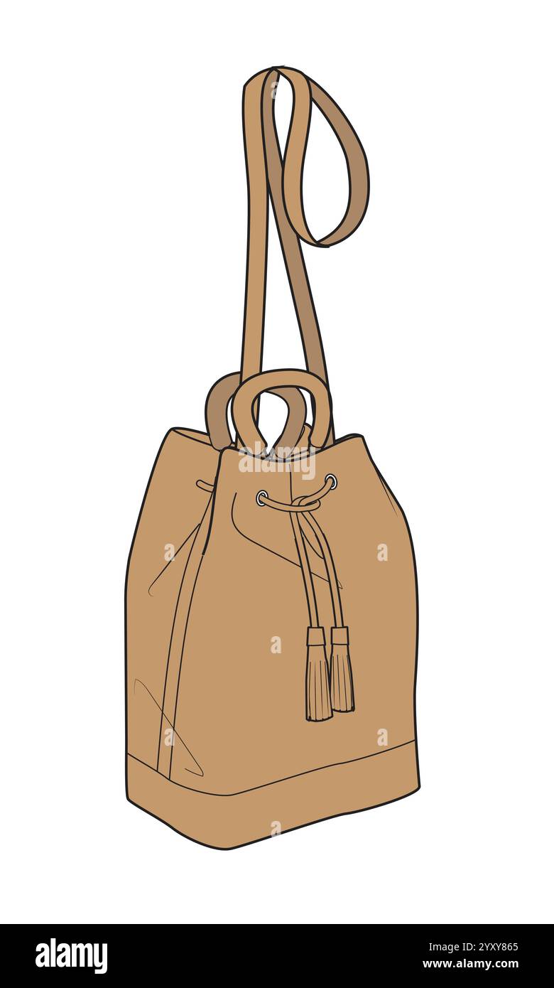 Design della borsa a secchio convertibile modello di mockup vettoriale con disegno piatto tecnico. Illustrazione Vettoriale