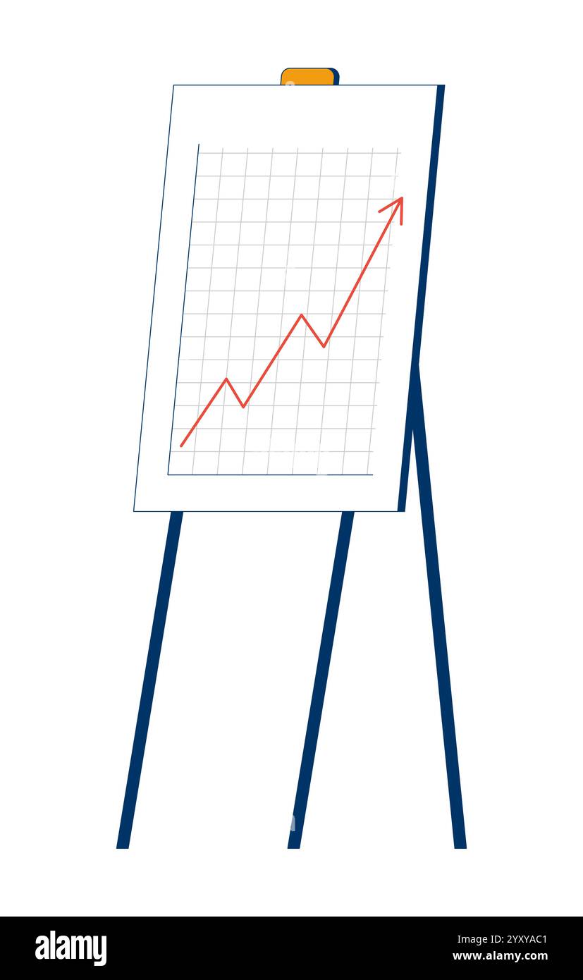 Semplice cavalletto che visualizza il grafico a linee con oggetto cartoni animati 2D con tendenza verso l'alto rossa Illustrazione Vettoriale