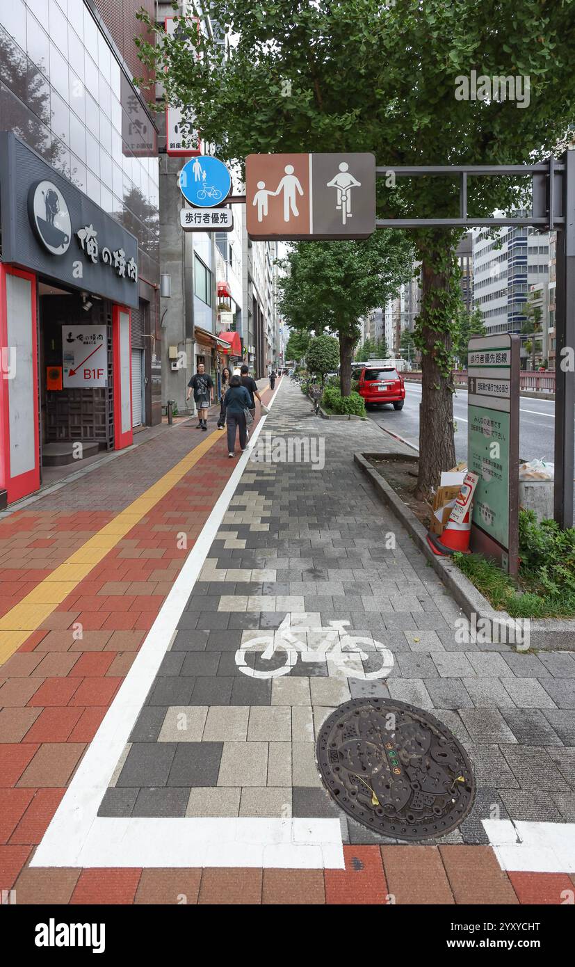 Pista ciclabile e pedonale sul marciapiede di Ginza, Tokyo, Giappone, Asia. Foto Stock