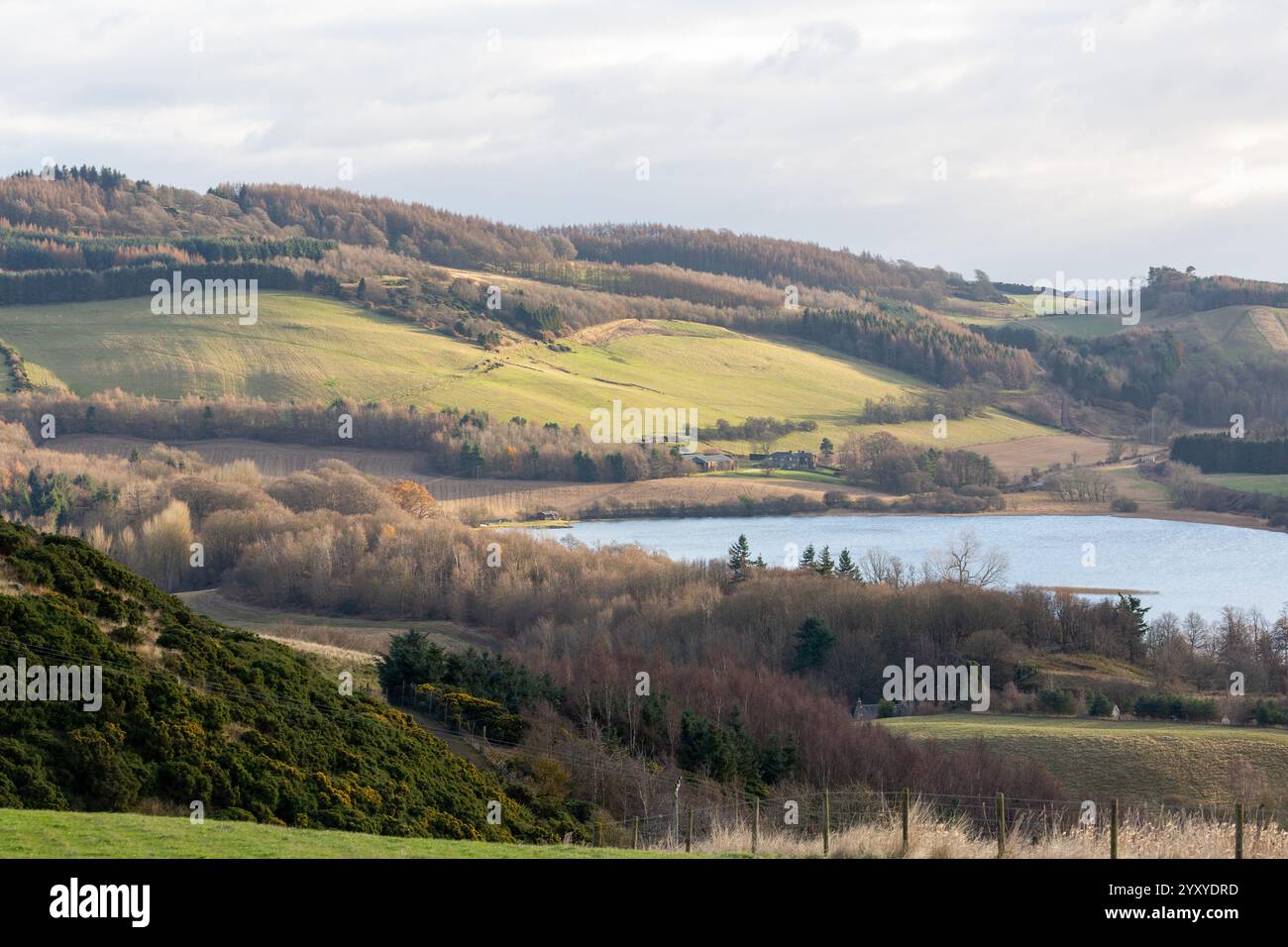 Guardando verso Lindores Loch da Lindores Hill, Newburgh, Fife, Scozia Foto Stock