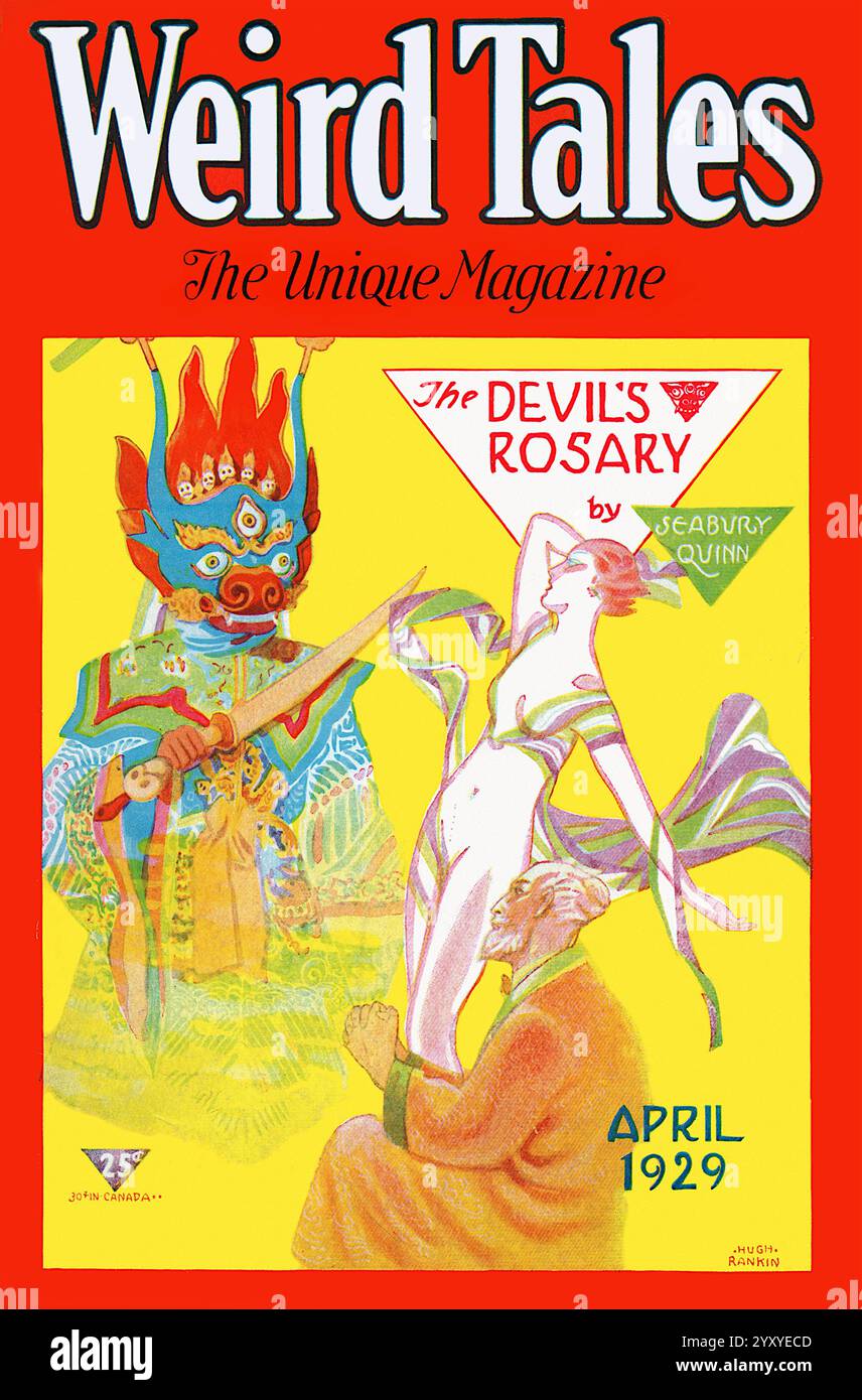 Weird Tales (aprile 1929, vol. 13, no 4) con il Rosario del Diavolo di Seabury Quinn - copertina di Hugh Rankin. Foto Stock