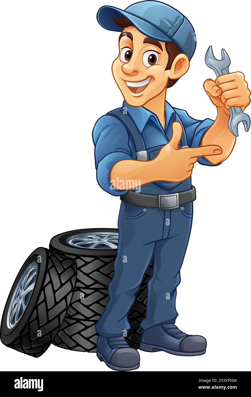 Pneumatico pneumatico meccanico per l'assistenza auto Mascotte Cartoon Man Illustrazione Vettoriale