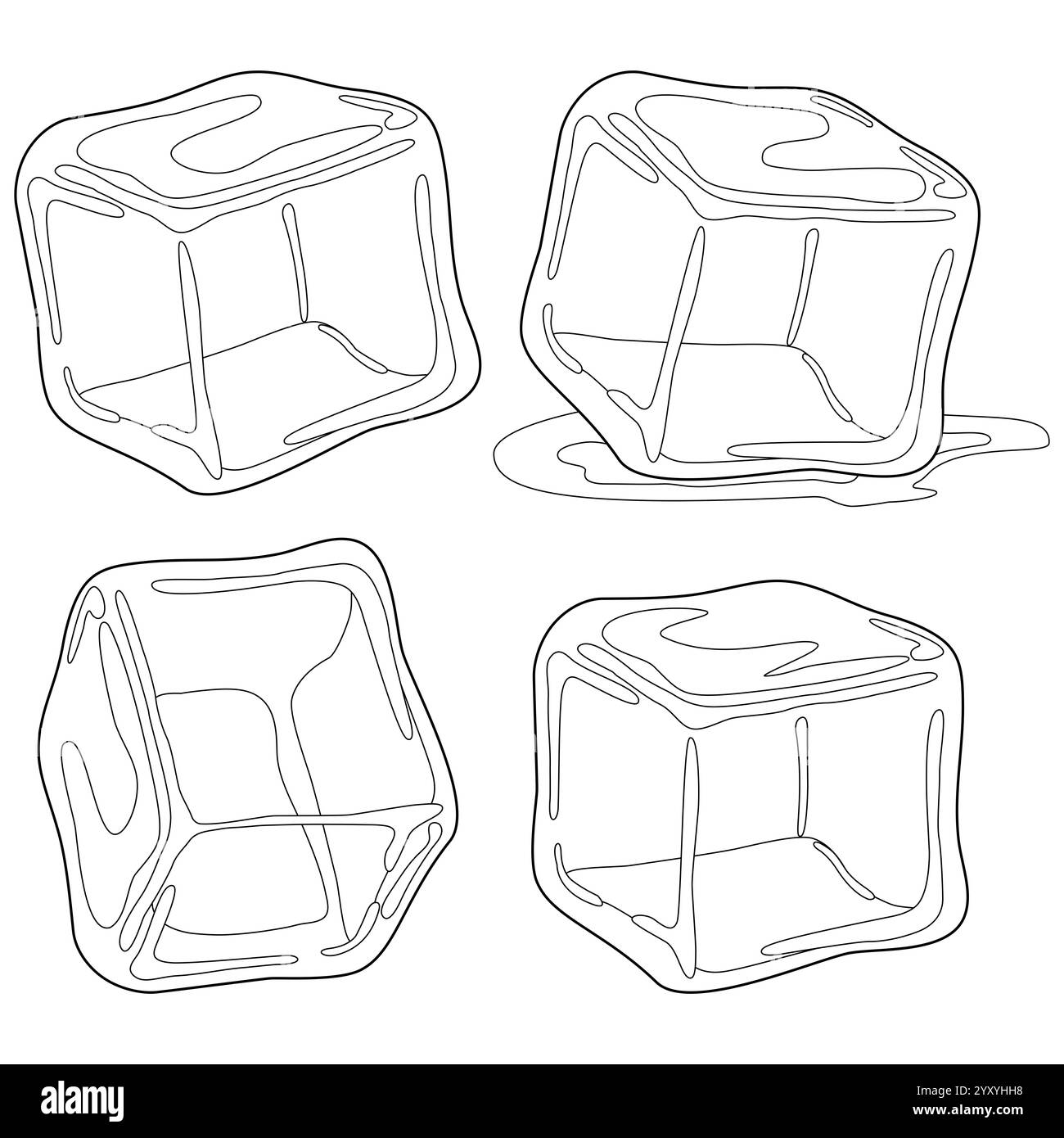 Cubetti di ghiaccio. Bevanda fredda cubetti di ghiaccio fuso su sfondo bianco. Pagina da colorare in bianco e nero Foto Stock