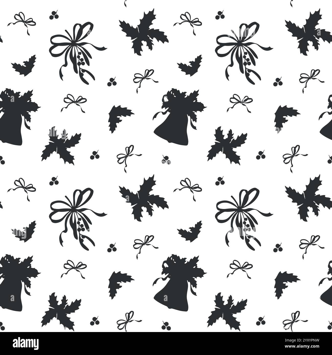 Campanella di Natale, fiocco di bufalo e holly. Motivo senza cuciture. Illustrazione grafica vettoriale per il nuovo anno. Sfondo delle vacanze invernali. Festivo Illustrazione Vettoriale