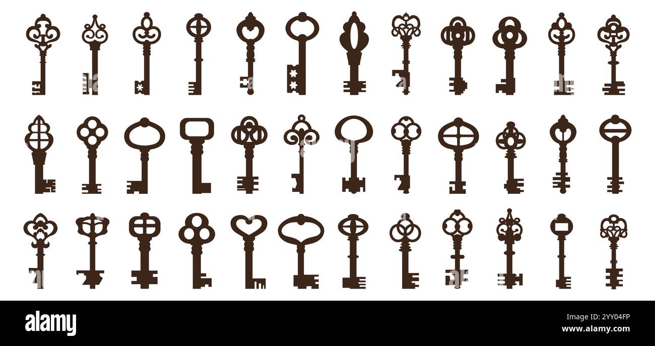 Collezione di chiavi antiche decorative con motivi intricati su sfondo bianco Illustrazione Vettoriale