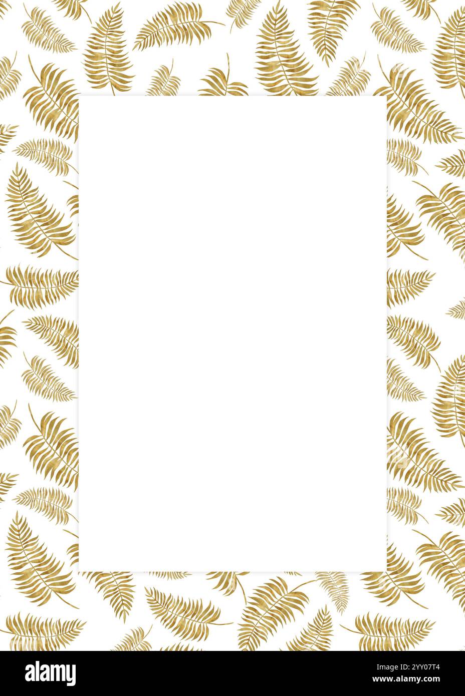 Cartolina pronta all'uso con branchlet di felce dorate su sfondo bianco. Illustrazione ad acquerello disegnata a mano. Foto Stock