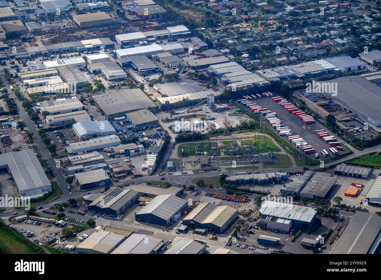 aree di fabbriche industriali e magazzini, vista aerea, industria urbana urbana, zone urbanistiche Foto Stock