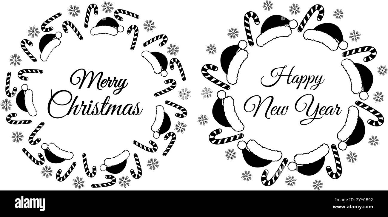 Berretti di Babbo Natale, Candy cane e Snowflakes Circle Frame con scritta "buon Natale" e "felice anno nuovo". Imposta 2 schede tematiche per l'illustrazione vettoriale isolata, saluti o inviti, opuscoli o promozioni Web Illustrazione Vettoriale