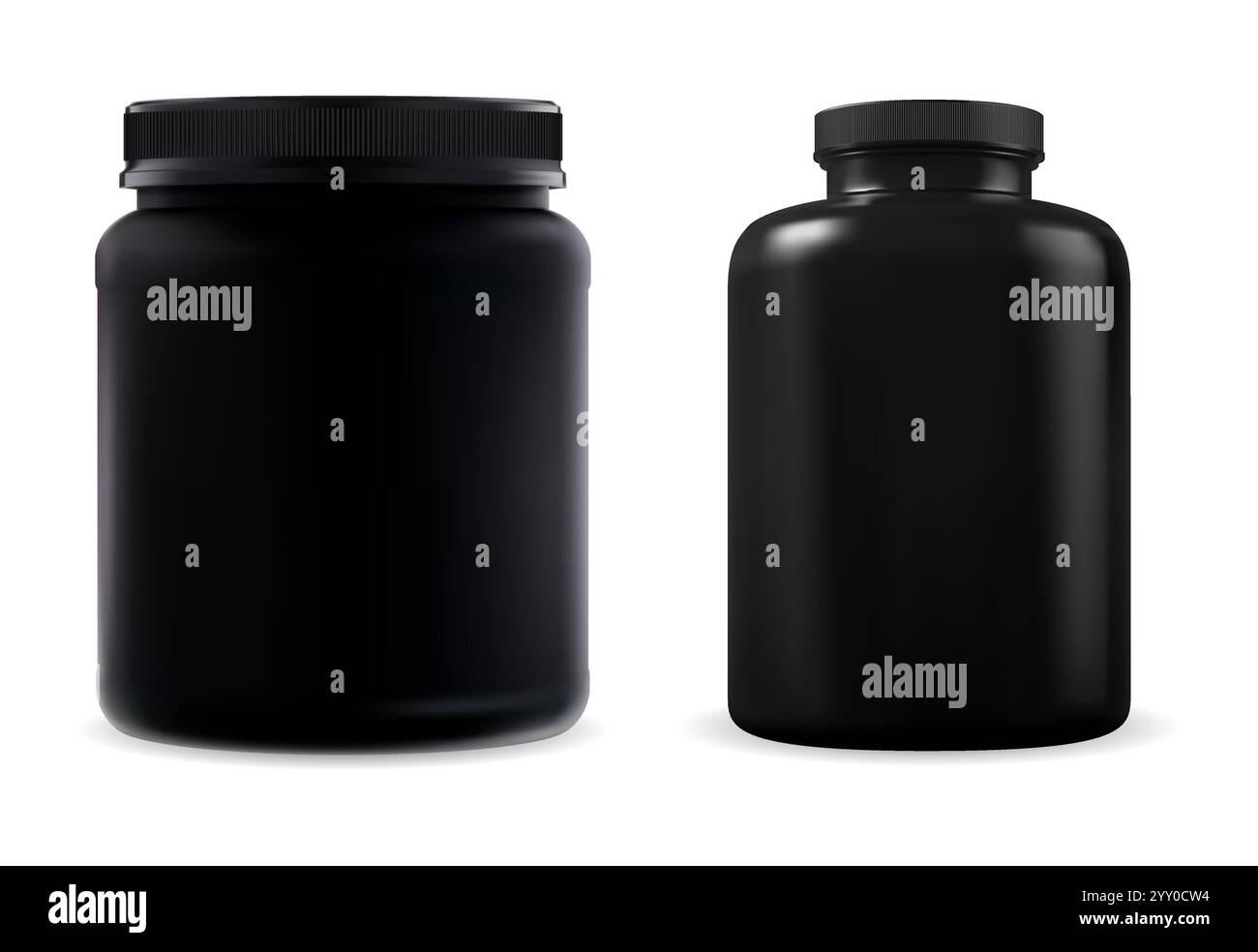 Set di bottiglie in plastica nera con supplemento sport. Mockup vettoriale vaso pillole mediche. Mock-up di confezionamento nutrizionale per le proteine del siero di latte. Scatola capsula vitaminica Illustrazione Vettoriale