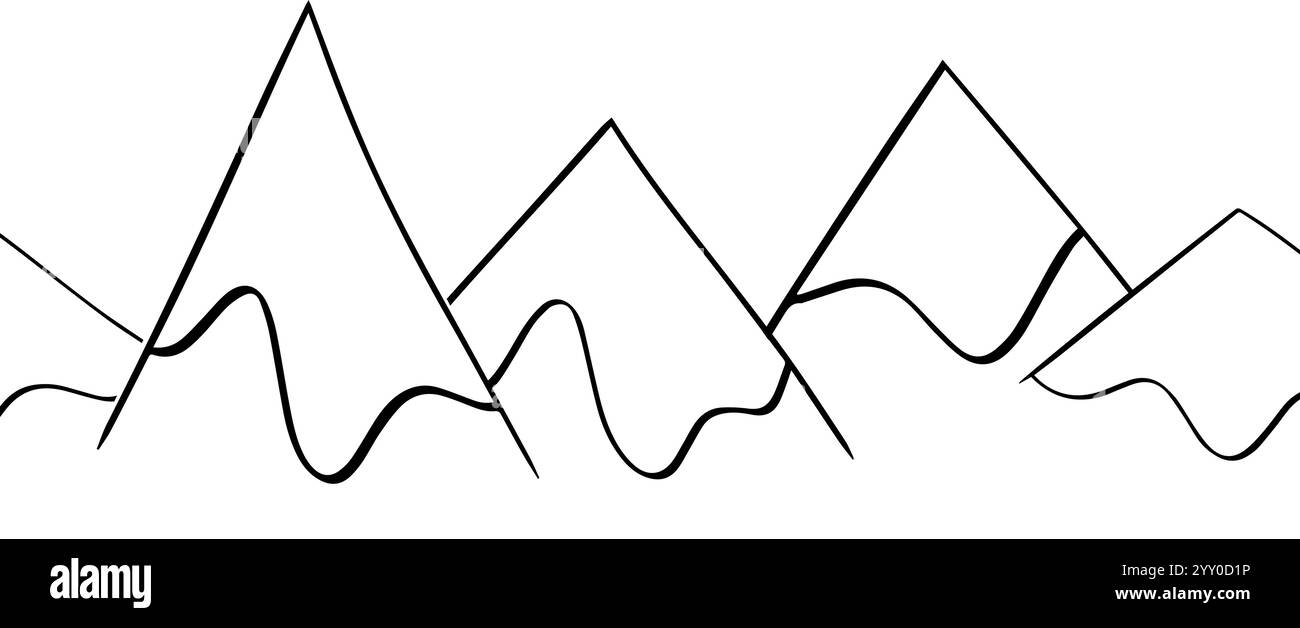 Linee grafiche in bianco e nero paesaggio montano, creste nella nebbia, bordo trasparente vettoriale, vista panoramica Illustrazione Vettoriale