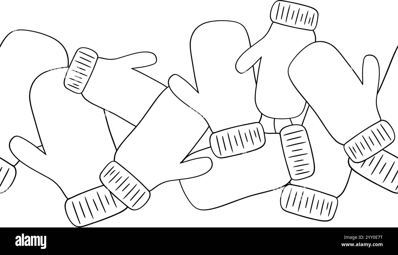 Guanti a maglia bordo senza cuciture. Motivo grafico a linee vettoriali per la stagione invernale. Accessori caldi per le basse temperature. Illustrazione Vettoriale