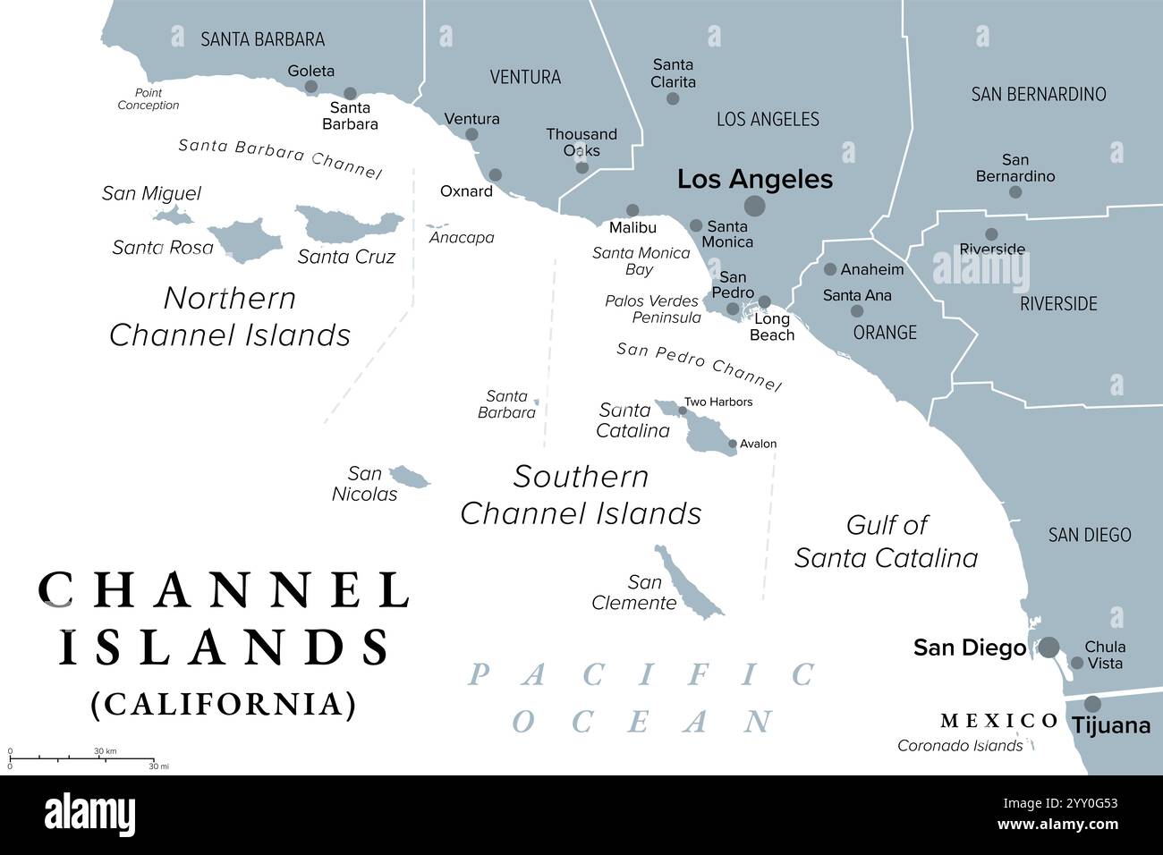 Channel Islands of California, mappa politica grigia. Arcipelago di otto isole nel Pacifico, a sud-ovest dell'area metropolitana di Los Angeles. Foto Stock