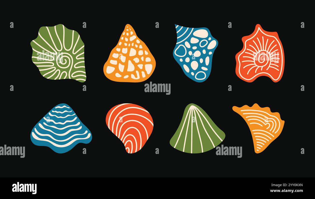 Un vivace set di otto design astratti della conchiglia con colori vivaci e motivi dinamici Illustrazione Vettoriale