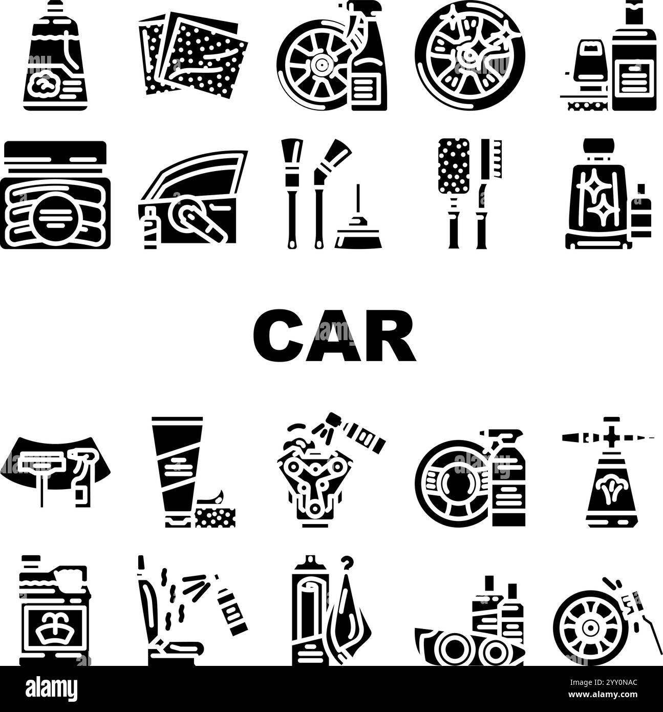 pulitore per la cura dell'auto, icone lavavetri, set vettoriale Illustrazione Vettoriale