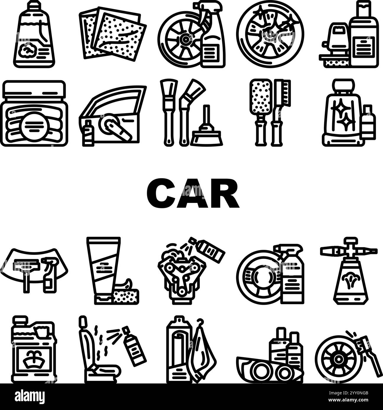 pulitore per la cura dell'auto, icone lavavetri, set vettoriale Illustrazione Vettoriale