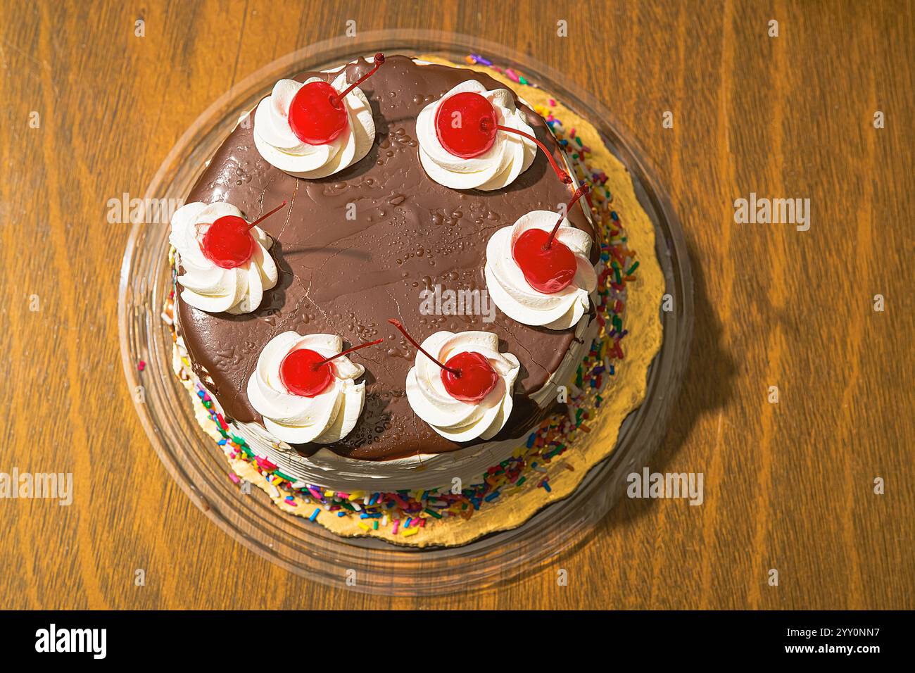 Una decadente torta al cioccolato condita con ciliegie lucide, un turbinio di panna montata e una spruzzata di coriandoli colorati. Foto Stock