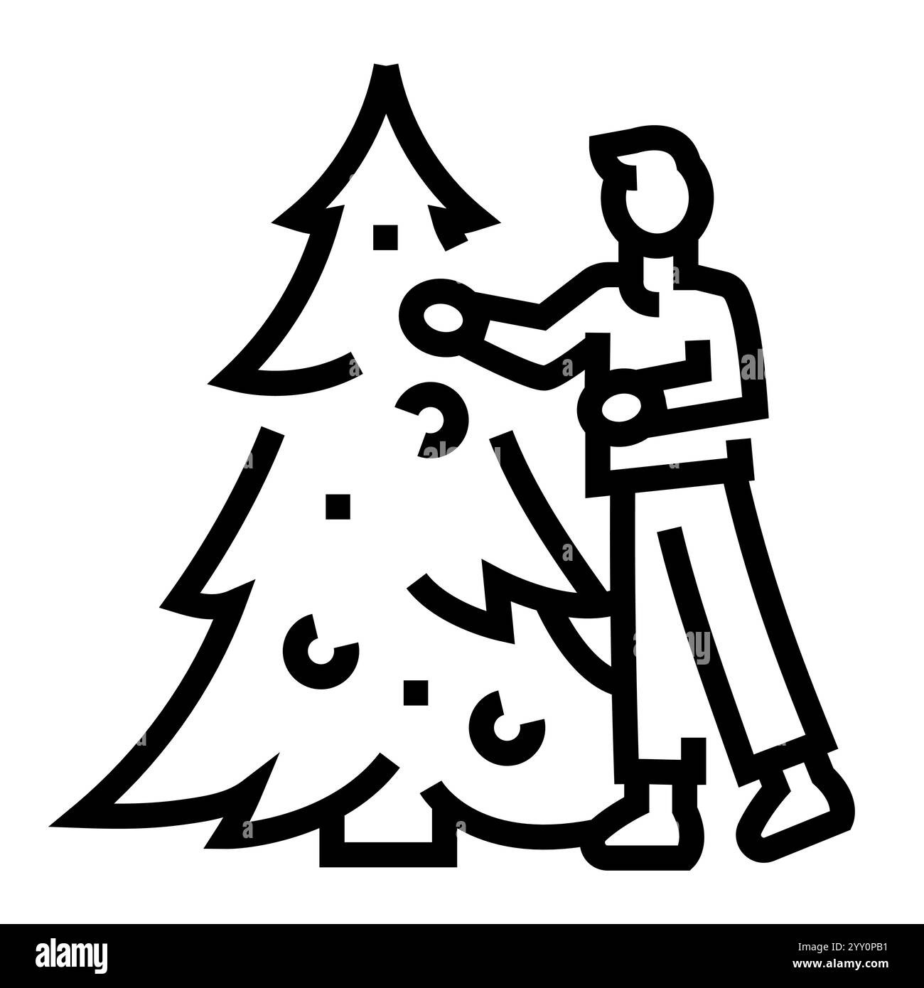 La persona decora un'icona nera della linea dell'albero di Natale. Firma per pagina Web, app mobile, pulsante, logo. Pulsante isolato vettore. Traccia modificabile. Illustrazione Vettoriale