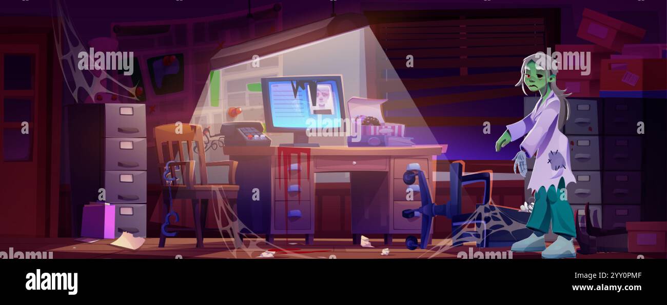 Ufficio investigativo abbandonato con spettrali personaggi zombie che camminano tra mobili rotti e ragnatele. Vecchio schermo del computer, carta sparsi e W danneggiato Illustrazione Vettoriale