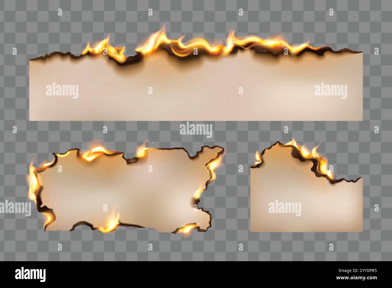 Fogli di carta per masterizzazione isolati su sfondo trasparente. Illustrazione vettoriale realistica del fuoco sul bordo danneggiato di un documento antico, lasciar perdere Illustrazione Vettoriale