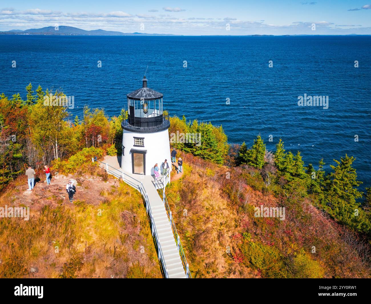 Owls Head, Maine, all'ingresso del porto di Rockland a Penobscot Bay. Si trova in cima a una scogliera di 70 metri, offrendo vedute panoramiche del porto e della baia. Foto Stock