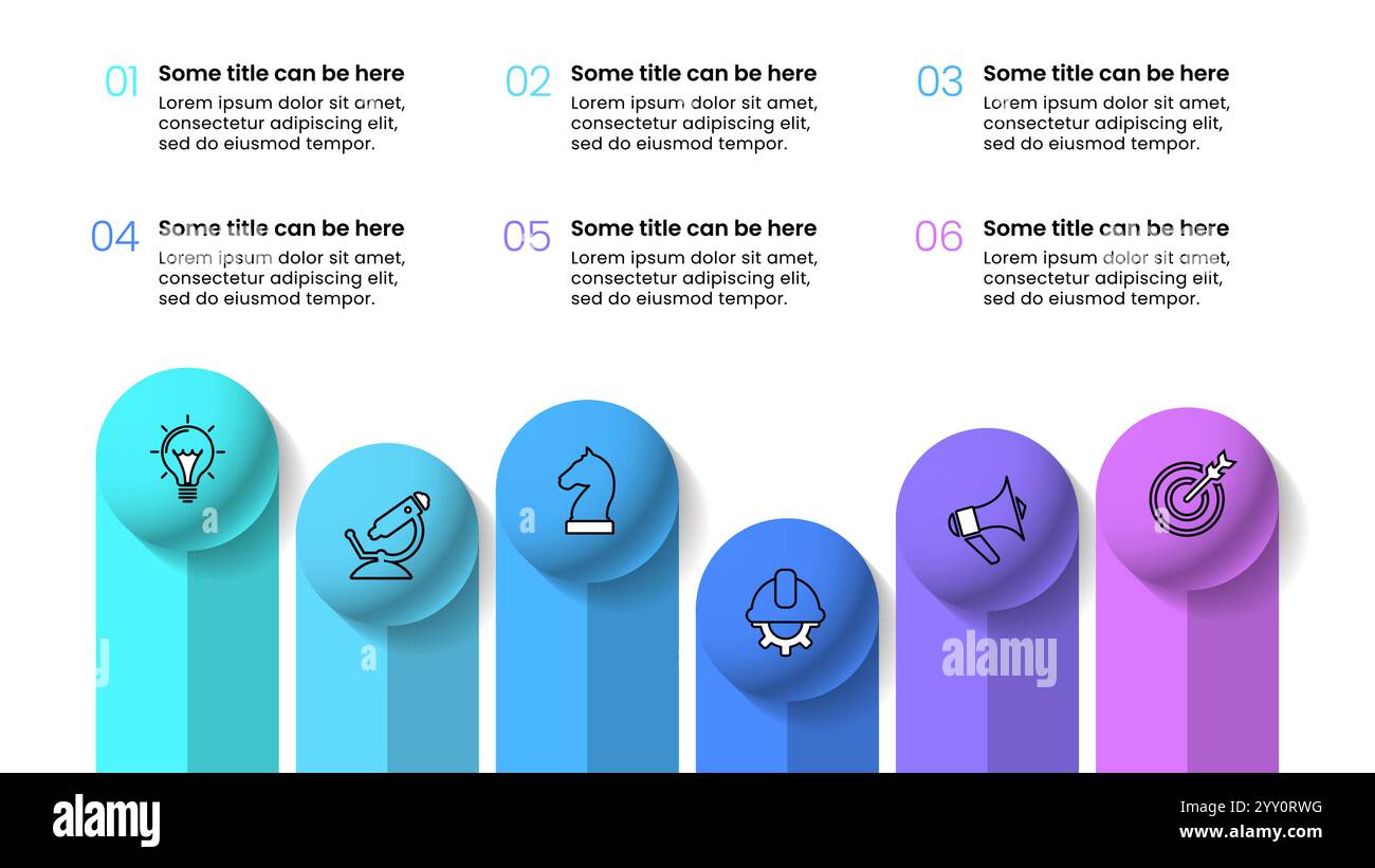 Modello infografico con icone e 6 opzioni o passaggi. Palle. Può essere utilizzato per layout del flusso di lavoro, diagrammi, banner, webdesign. Illustrazione vettoriale Illustrazione Vettoriale