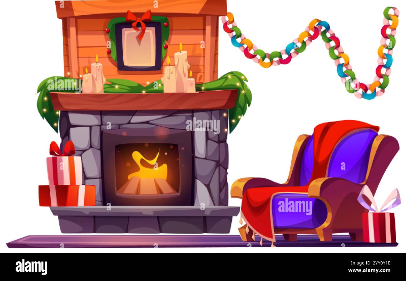 Accogliente interno invernale con caminetto in pietra con fiamme accese e comoda poltrona nelle vicinanze. ghirlanda decorativa natalizia, candele accese, confezione regalo b Illustrazione Vettoriale