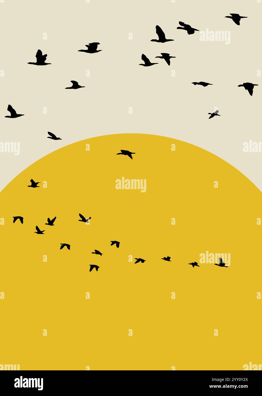 Uccelli che volano contro il sole. Sagoma del gregge di uccelli all'alba o al tramonto semplice poster illustrativo 2D. Arte minimalista vettoriale Illustrazione Vettoriale