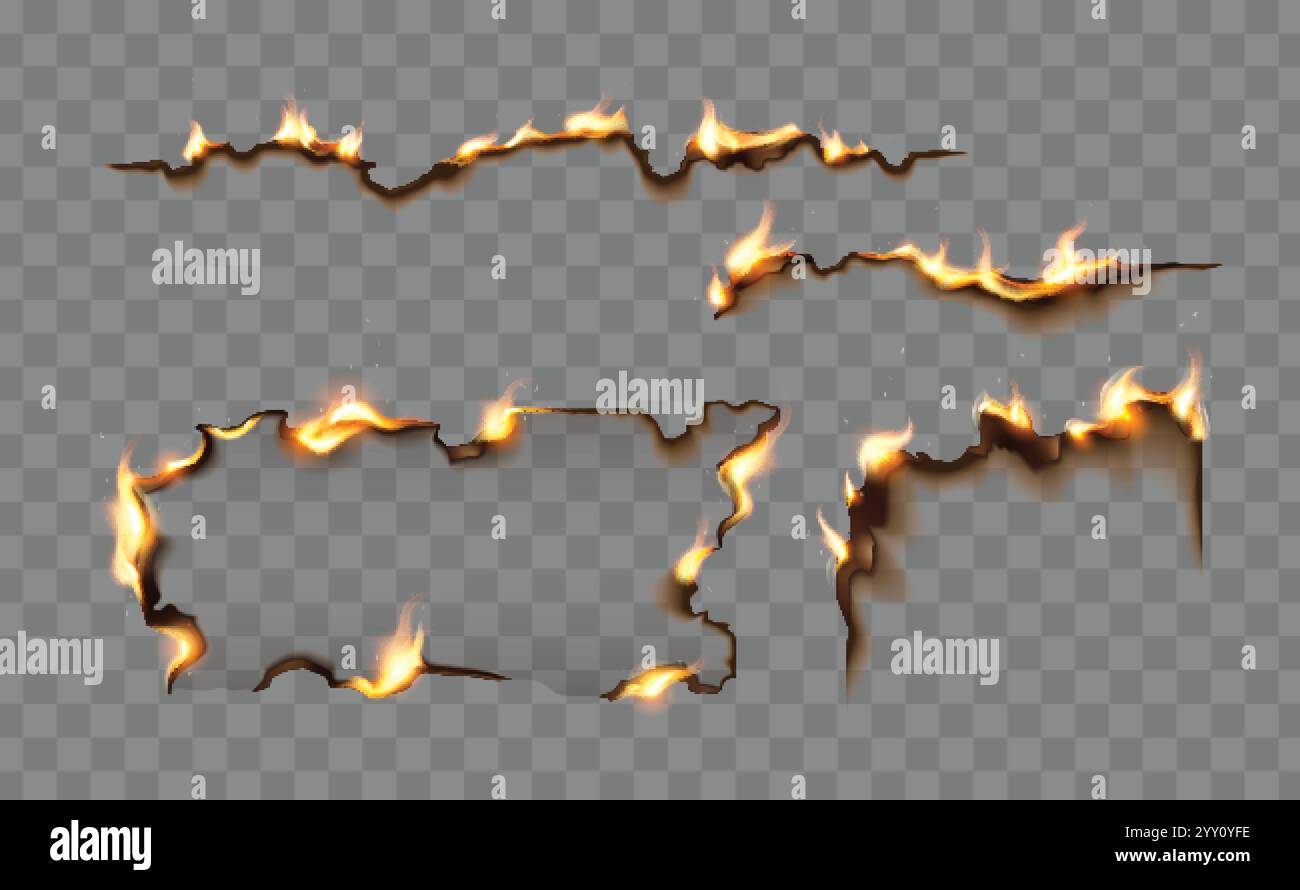 Cornici dei bordi della carta per masterizzazione isolate su sfondo trasparente. Illustrazione vettoriale realistica di un incendio che danneggia documenti antichi, lettera fumante, Illustrazione Vettoriale