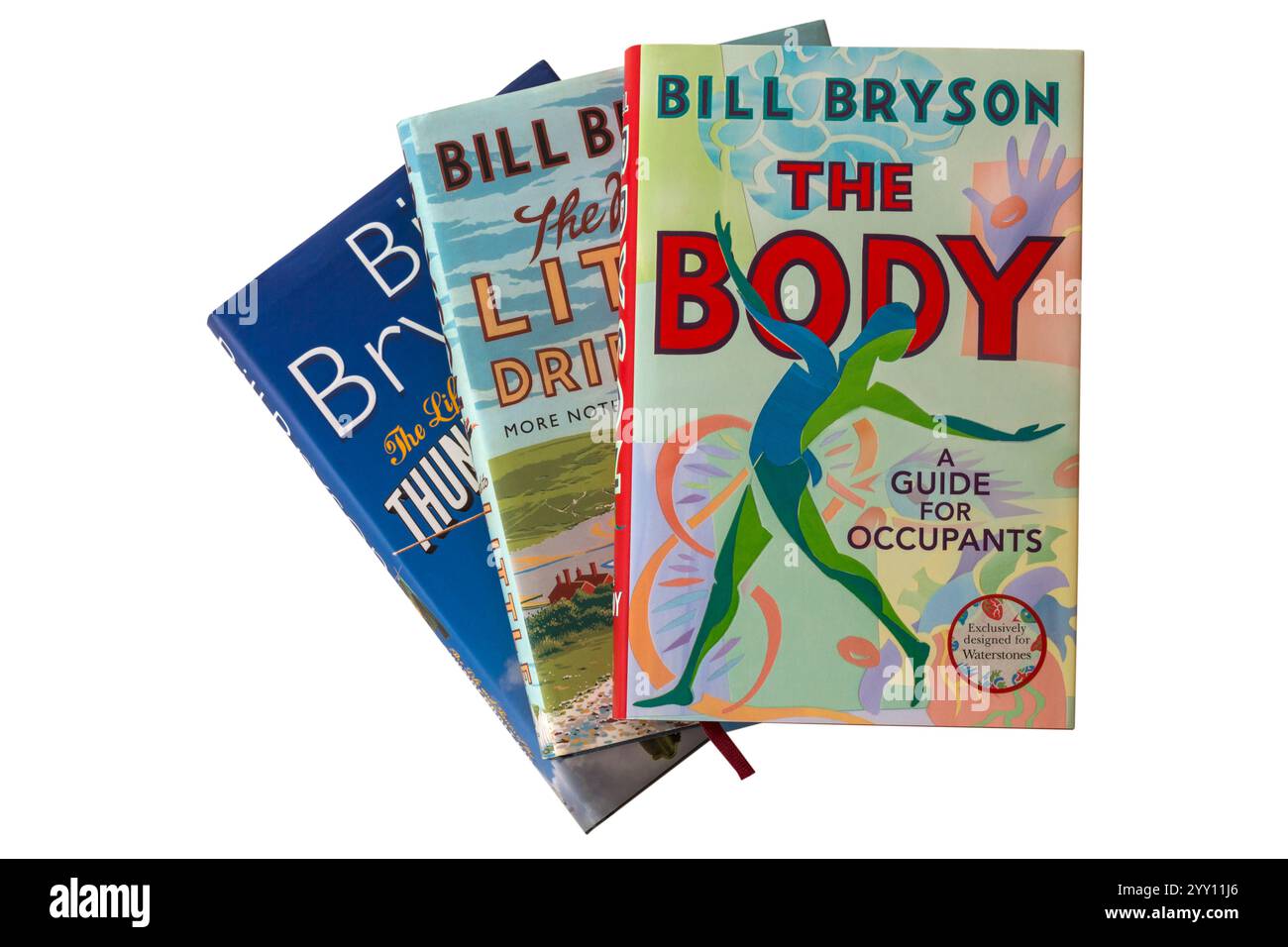 Selezione di libri di Bill Bryson con il libro Body A Guide for Occuppants in alto isolato su sfondo bianco Foto Stock