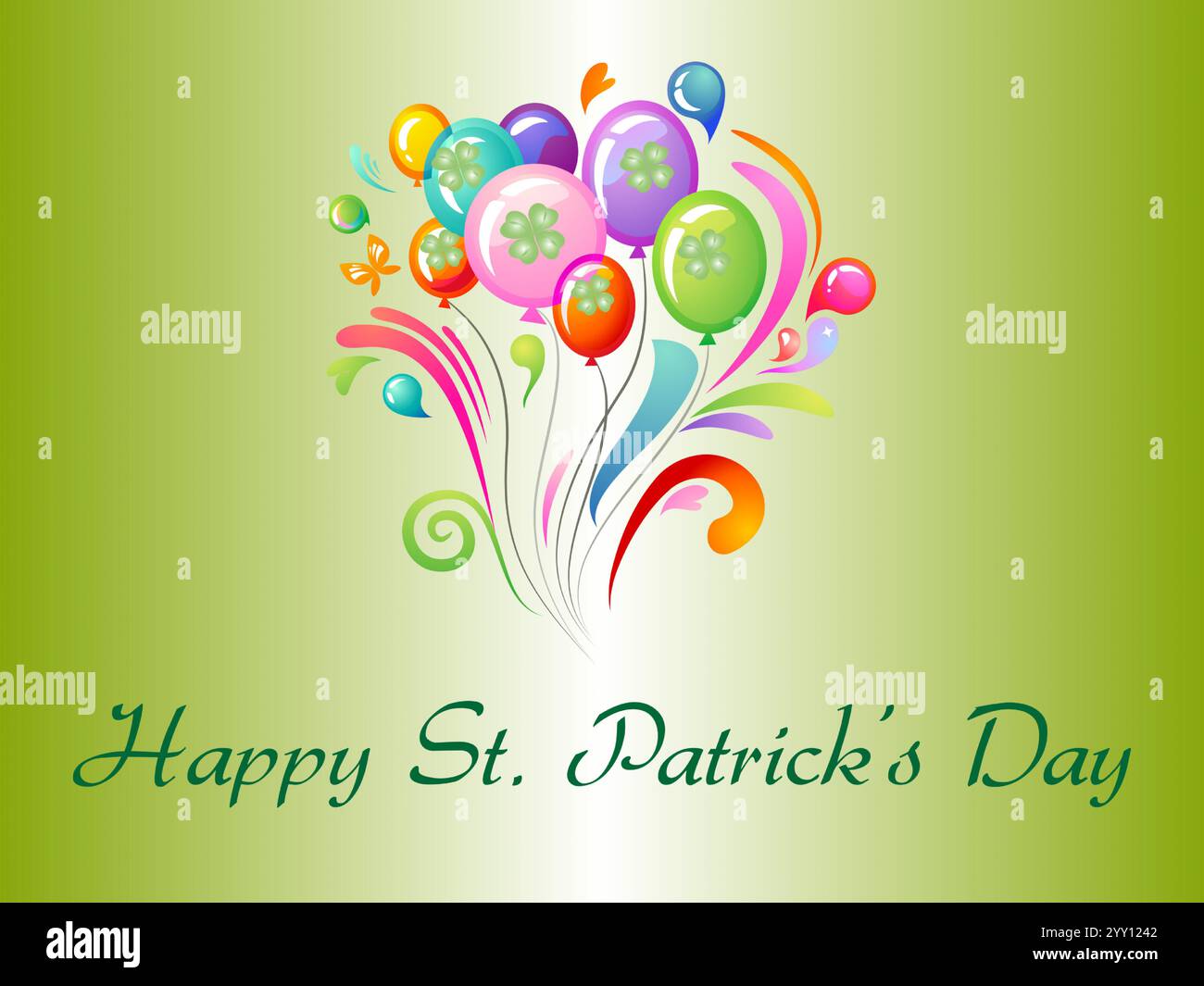 Poster colorato con palloncini e uno sfondo verde che dice Happy St. Patrick Day. Le bollature sono di vari colori e dimensioni. Shamrock Saint Pat Illustrazione Vettoriale