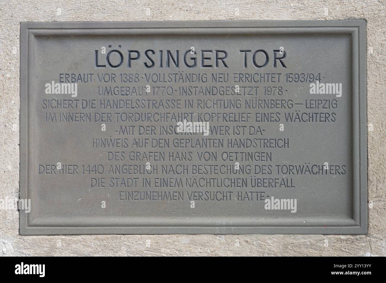 Scheda informativa presso il Loepsinger Tor, Noerdlinen, Baviera, Germania, Europa Foto Stock