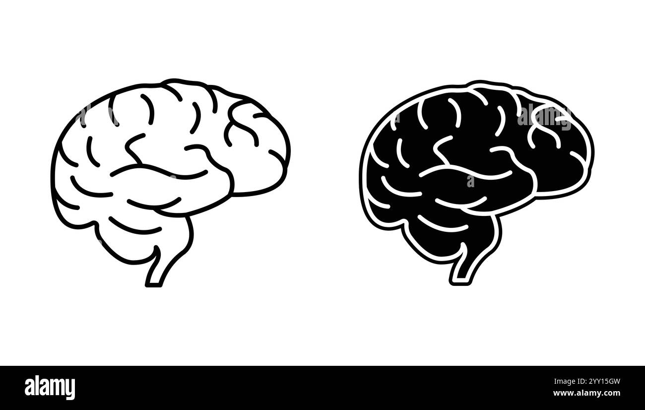 L'icona del cervello umano imposta lo stile solido e contorno isolato su sfondo bianco. Illustrazione Vettoriale