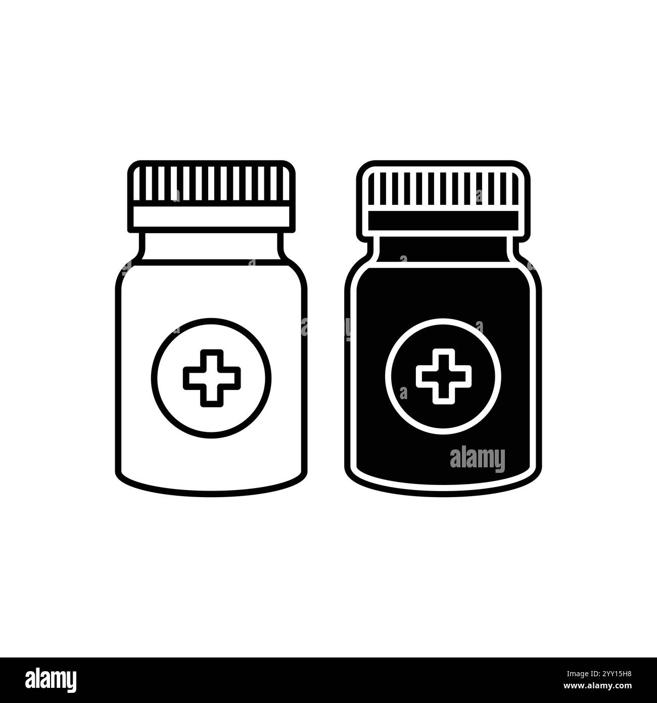 Set di icone per bottiglie di pillole, bottiglia con croce medica, isolata su sfondo bianco. Illustrazione Vettoriale