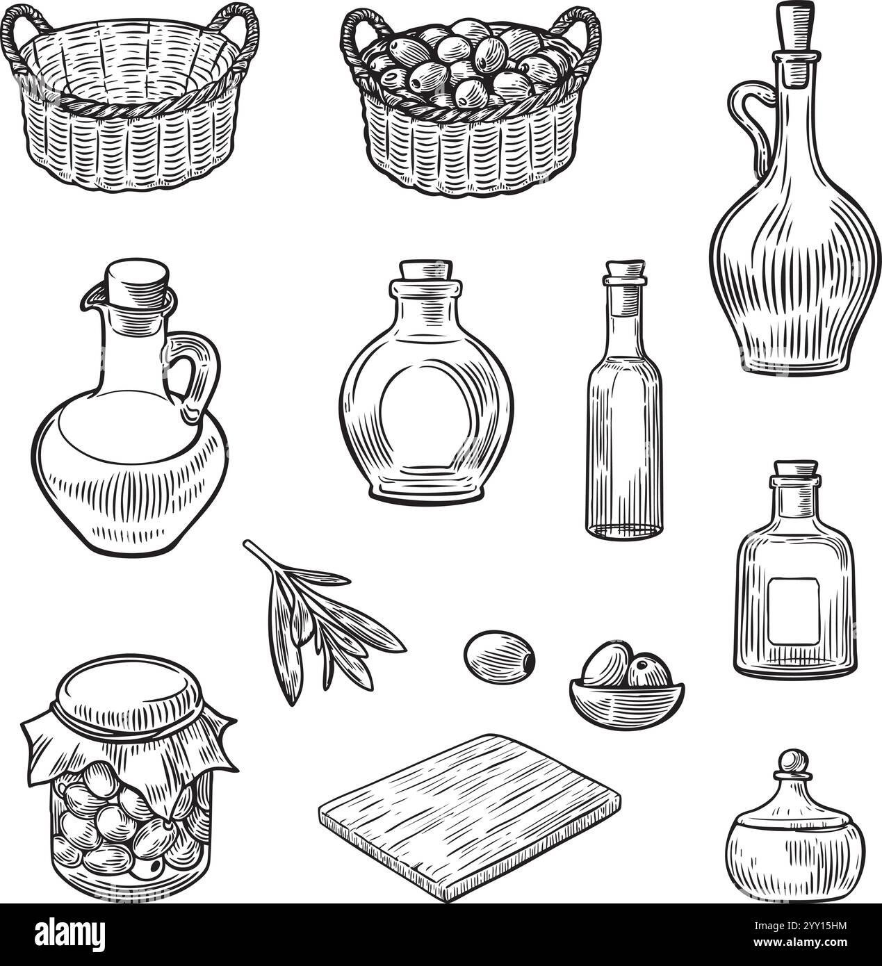 Collezione vintage di olive, bottiglie e articoli da cucina, illustrazioni vettoriali. Illustrazione Vettoriale