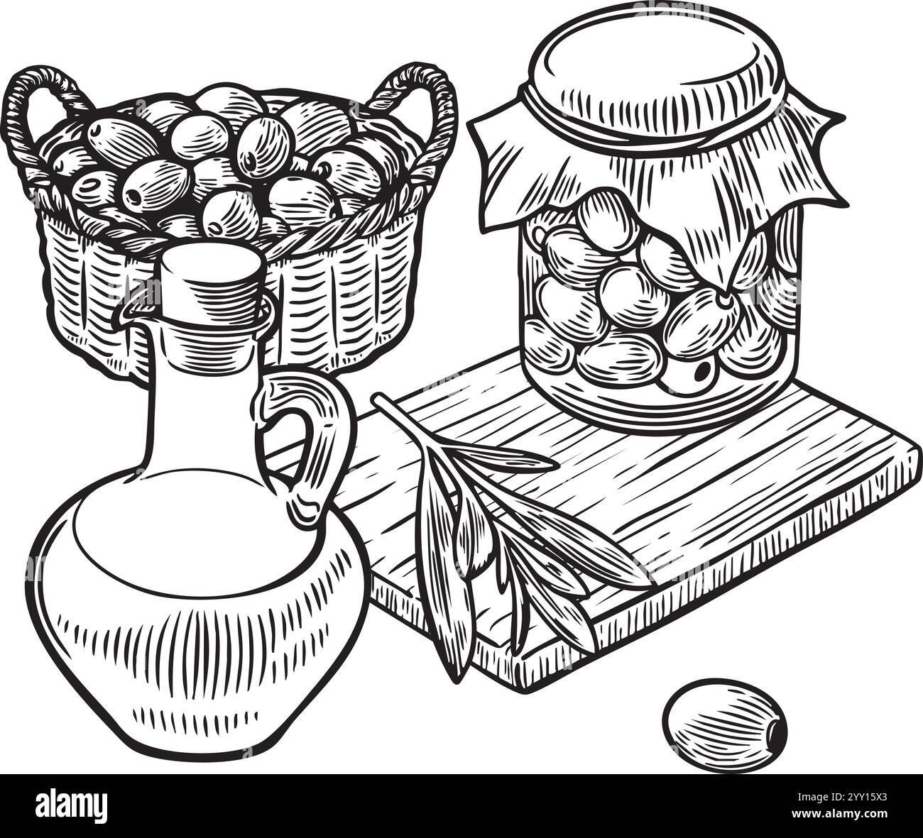 Olive fresche in cesto e olive in scatola e olio isolati su fondo bianco. Illustrazione Vettoriale