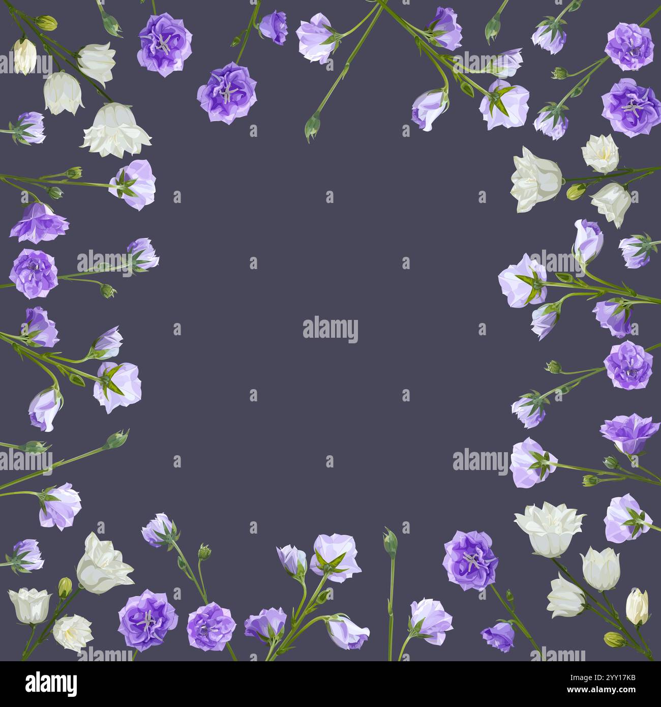 Cornice quadrata di lilla e fiori di campanello bianchi su sfondo viola Illustrazione Vettoriale