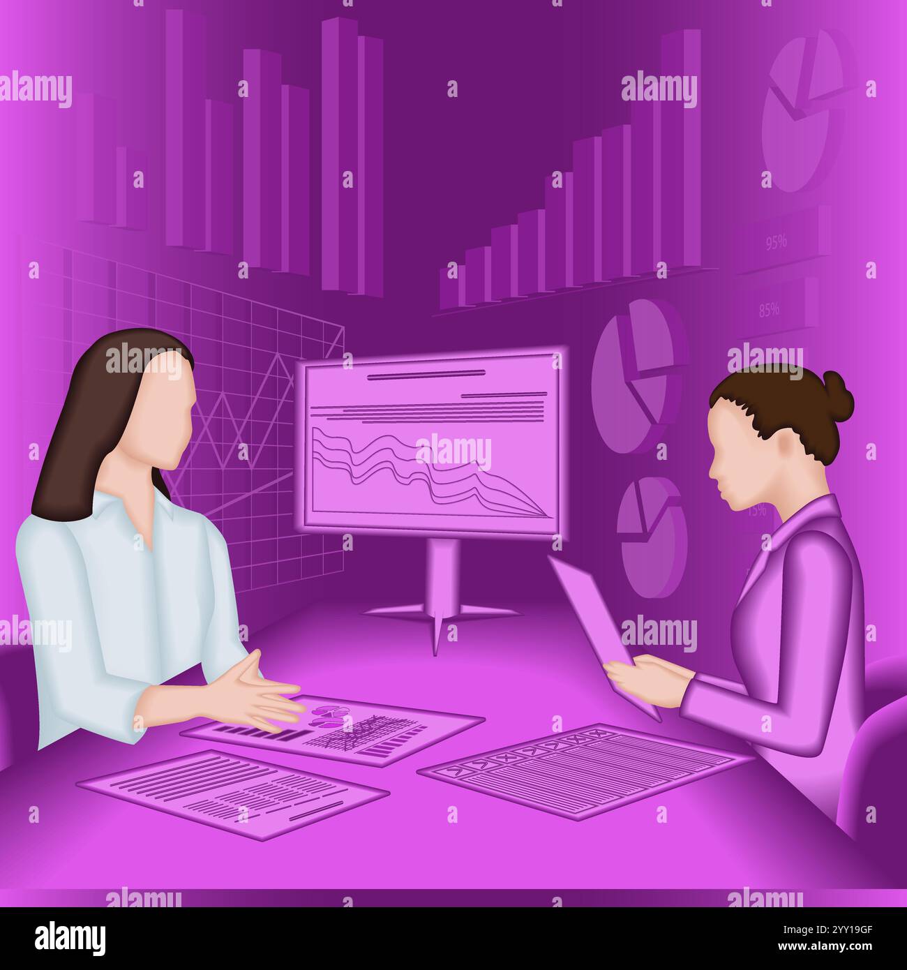 Condurre colloqui con le parti interessate per identificare e comprendere i problemi del processo decisionale. Donna. Illustrazione vettoriale 2D. Illustrazione Vettoriale