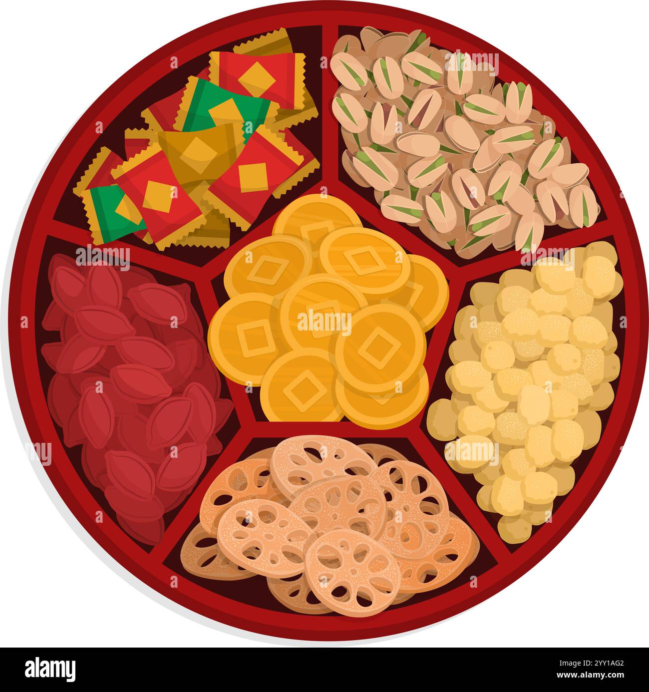 Scatola di caramelle cinese aperta piena di dolcetti, celebrazione del capodanno cinese e concetto di cultura cinese Illustrazione Vettoriale